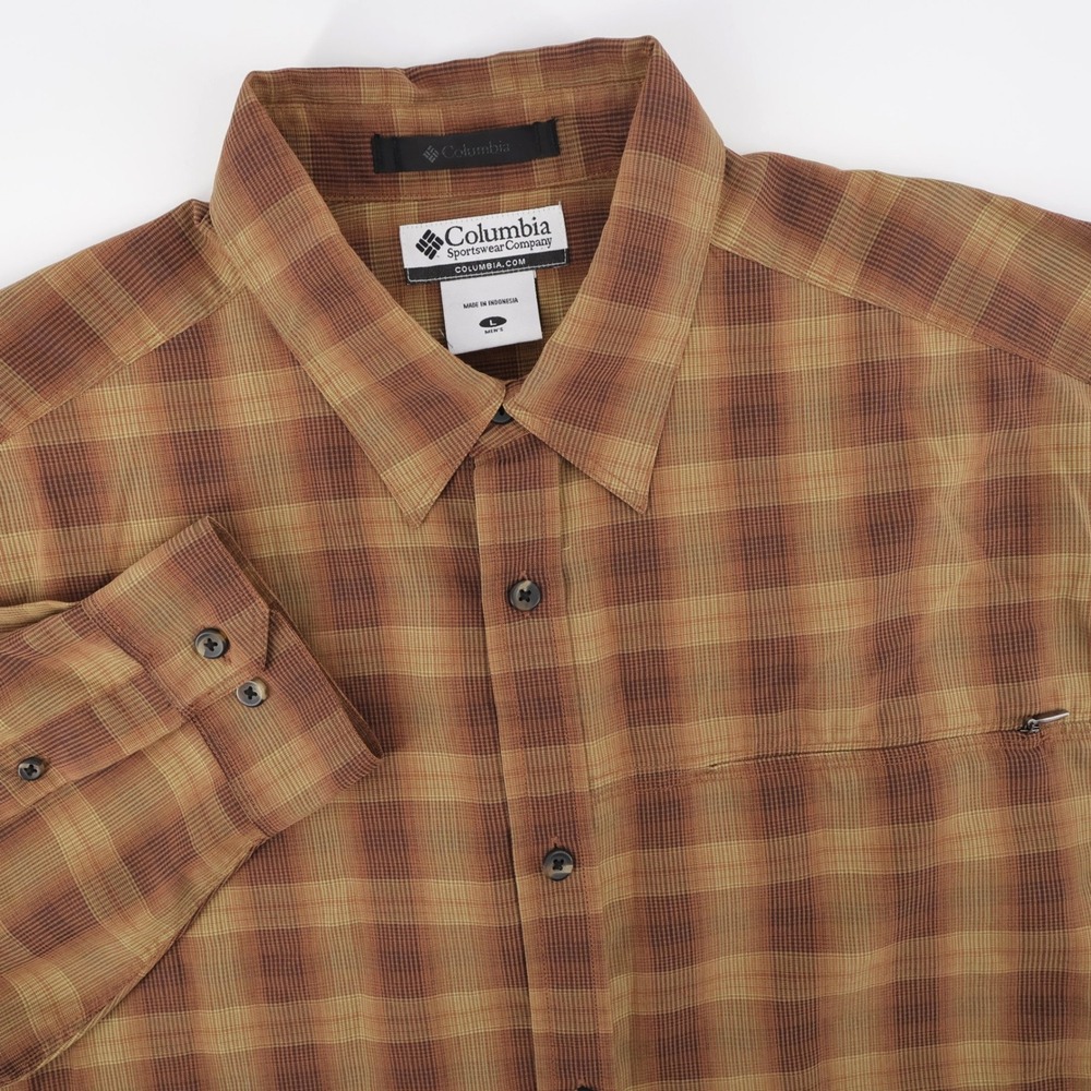 Columbia Plaid Button Down Shirt Brown Long Sleeve Mens Large